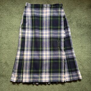 Vintage Wool Kilt Green Blue White Plaid Pleated Skirt - Women’s XS